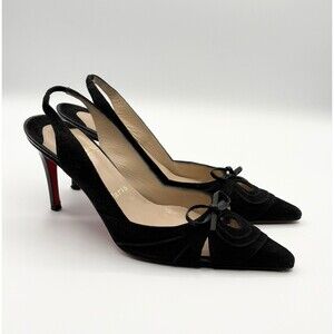 Christian Louboutin Black Suede Slingback Heels w/ Bow Accent Vintage Sz EU 37.5